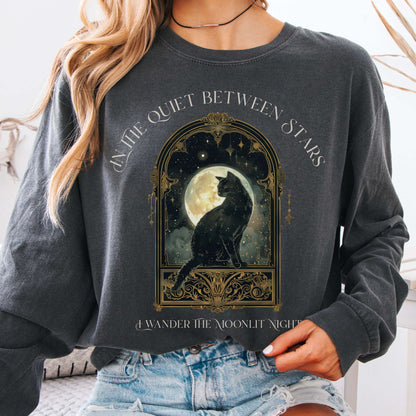 Long-sleeve Pepper / S In the Quiet Between Stars Moonlit Cat Long Sleeve Tee The Mystic Eden