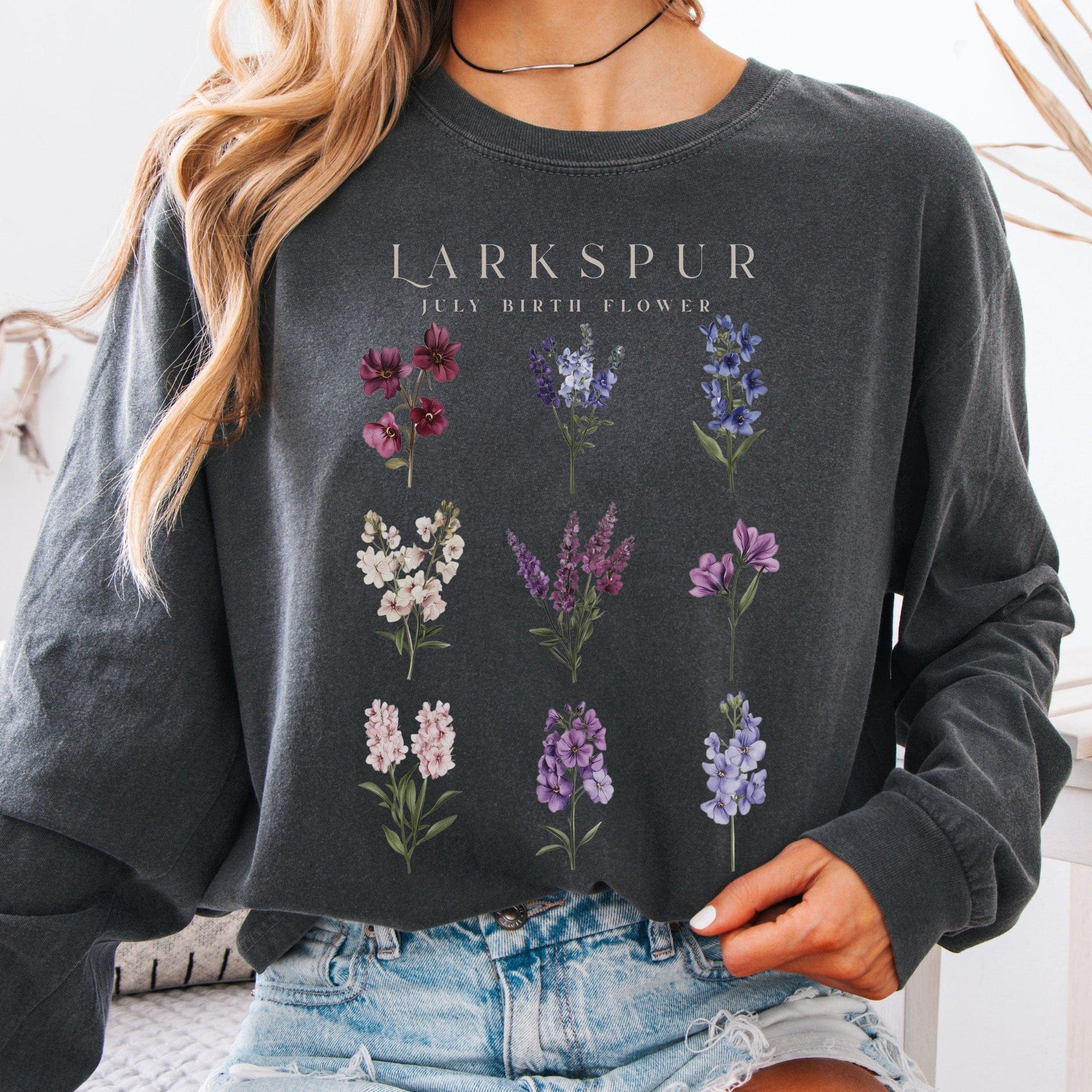 Long-sleeve Pepper / S Larkspur July Birth Month Flower Long Sleeve Shirt The Mystic Eden