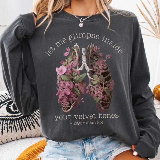 Long-sleeve Pepper / S Let Me Glimpse Inside Your Velvet Bones Poe Long Sleeved Shirt The Mystic Eden
