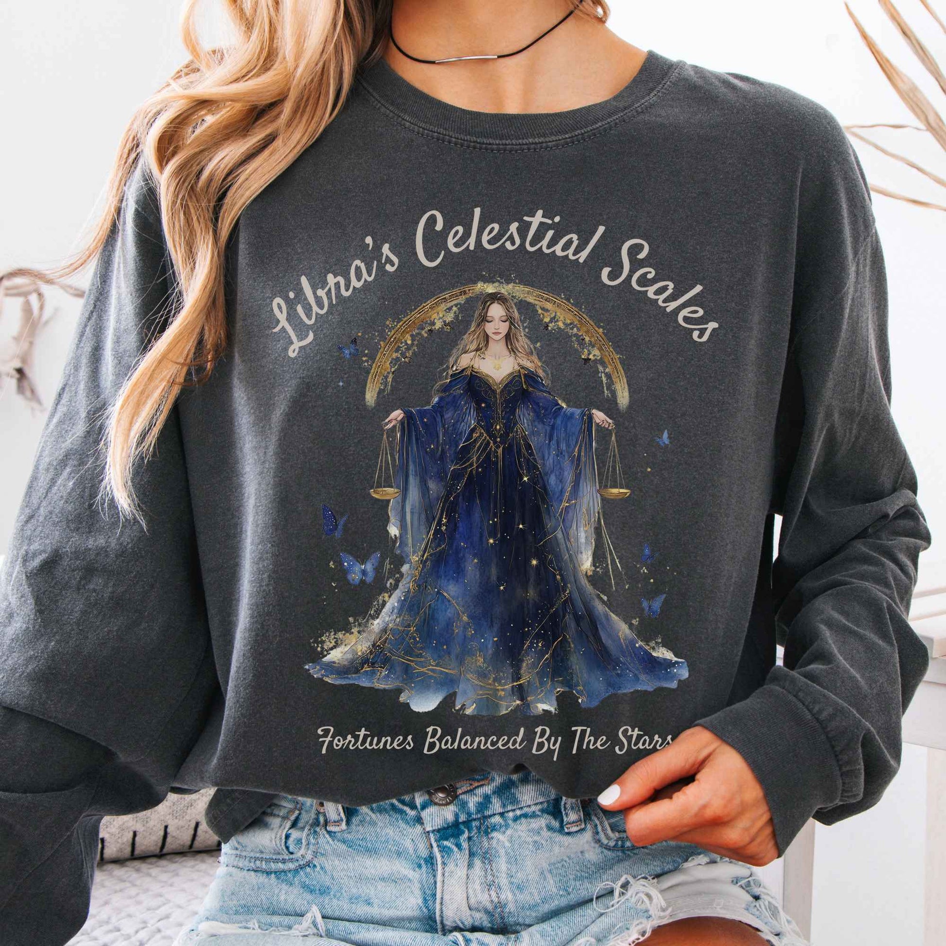 Long-sleeve Pepper / S Libra's Celestial Scales Zodiac Long Sleeve Shirt The Mystic Eden