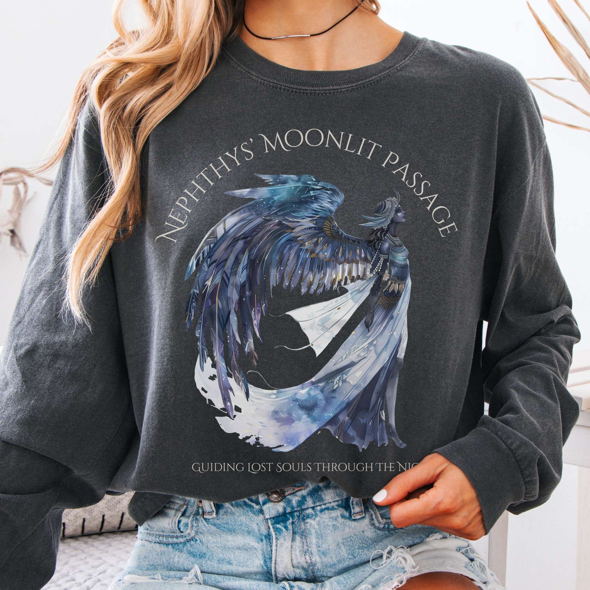 Long-sleeve Pepper / S Nephthys' Moonlit Passage Egyptian Mythology Long Sleeve Tee The Mystic Eden