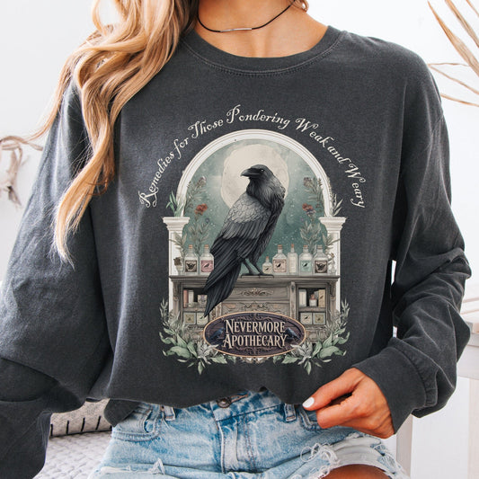 Long-sleeve Pepper / S Nevermore Apothecary Edgar Allan Poe Long Sleeve Tee The Mystic Eden