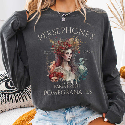 Long-sleeve Pepper / S Persephone's Farm Fresh Pomegranates Long Sleeve T-Shirt The Mystic Eden