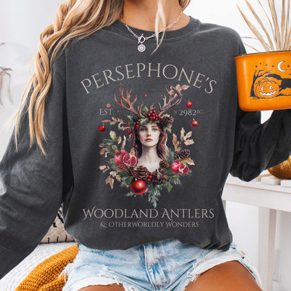 Long-sleeve Pepper / S Persephone's Woodland Antlers Christmas Long Sleeve Tee The Mystic Eden