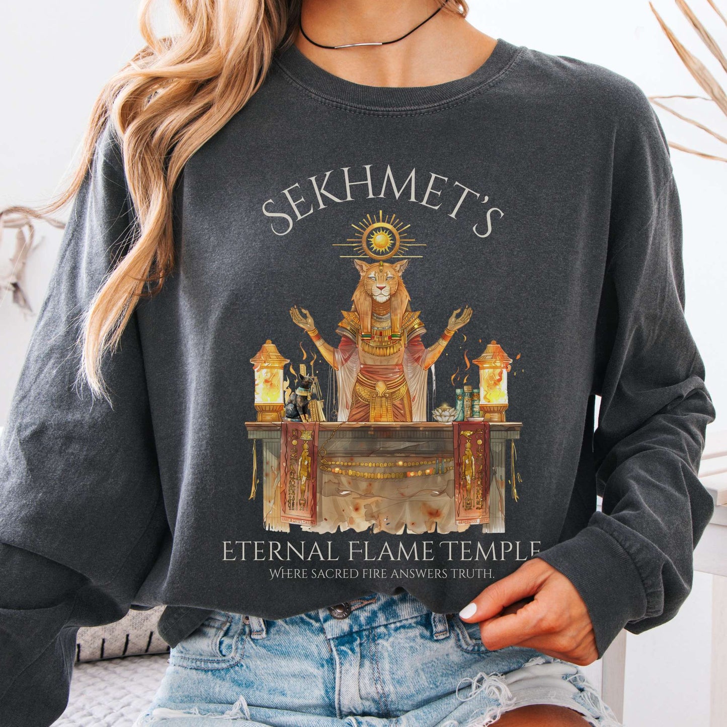 Long-sleeve Pepper / S Sekhmet's Eternal Flame Temple Egyptian Mythology Long Sleeve Tee The Mystic Eden
