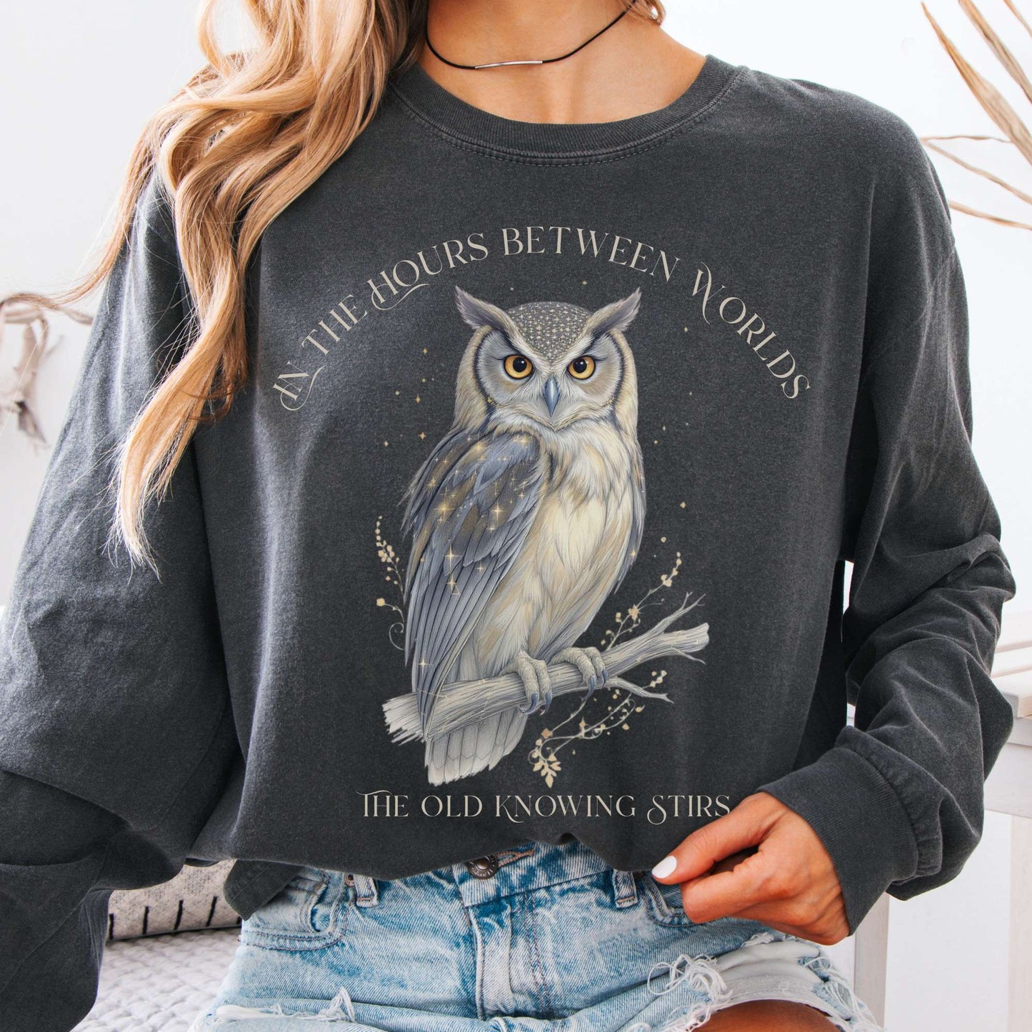 Long-sleeve Pepper / S The Old Knowing Stirs Mystical Owl Long Sleeve Tee The Mystic Eden