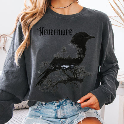 Long-sleeve Pepper / S The Raven Nevermore Long Sleeved Shirt Edgar Allan Poe The Mystic Eden