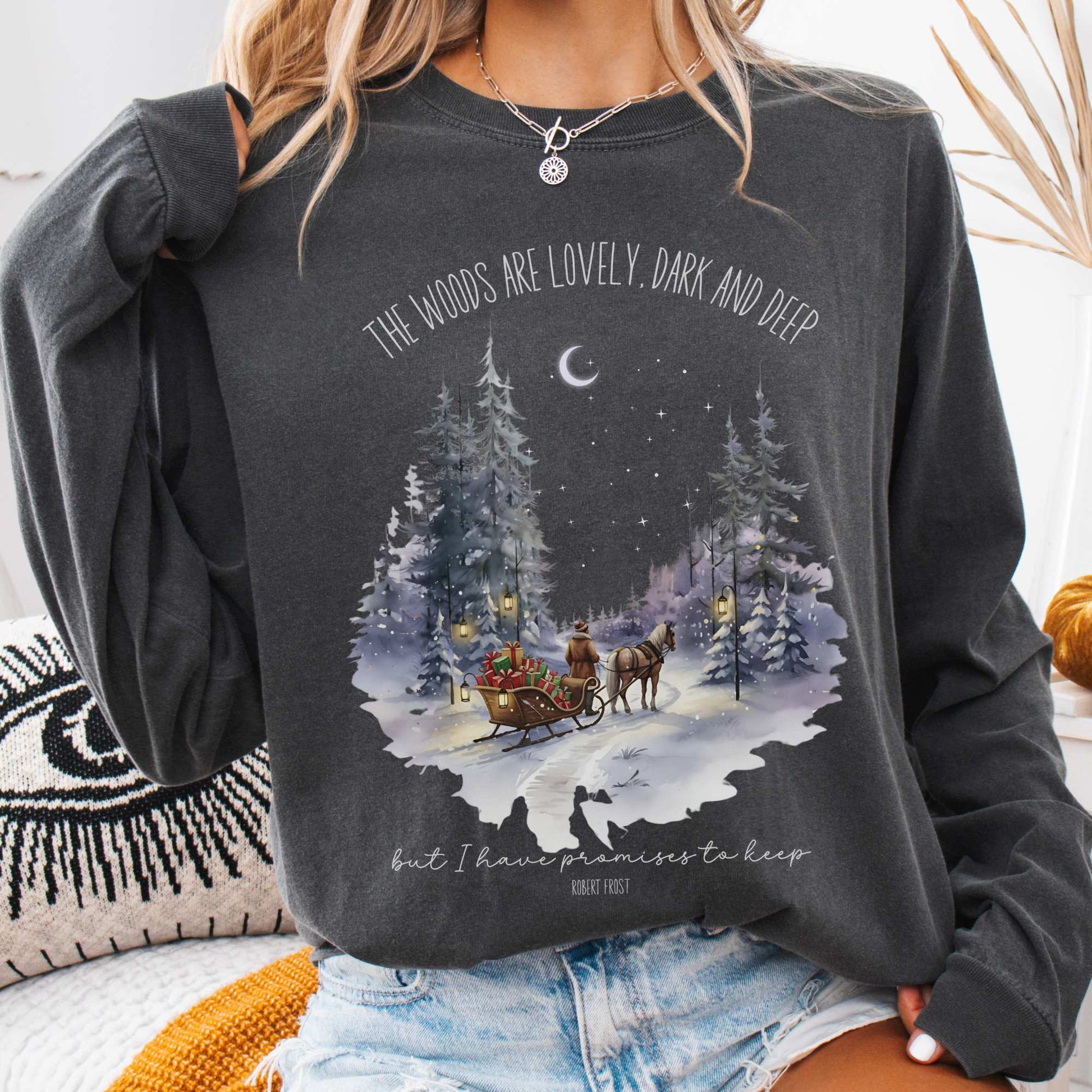Long-sleeve Pepper / S The Woods Are Lovely Robert Frost Christmas Edition Long Sleeve Shirt The Mystic Eden
