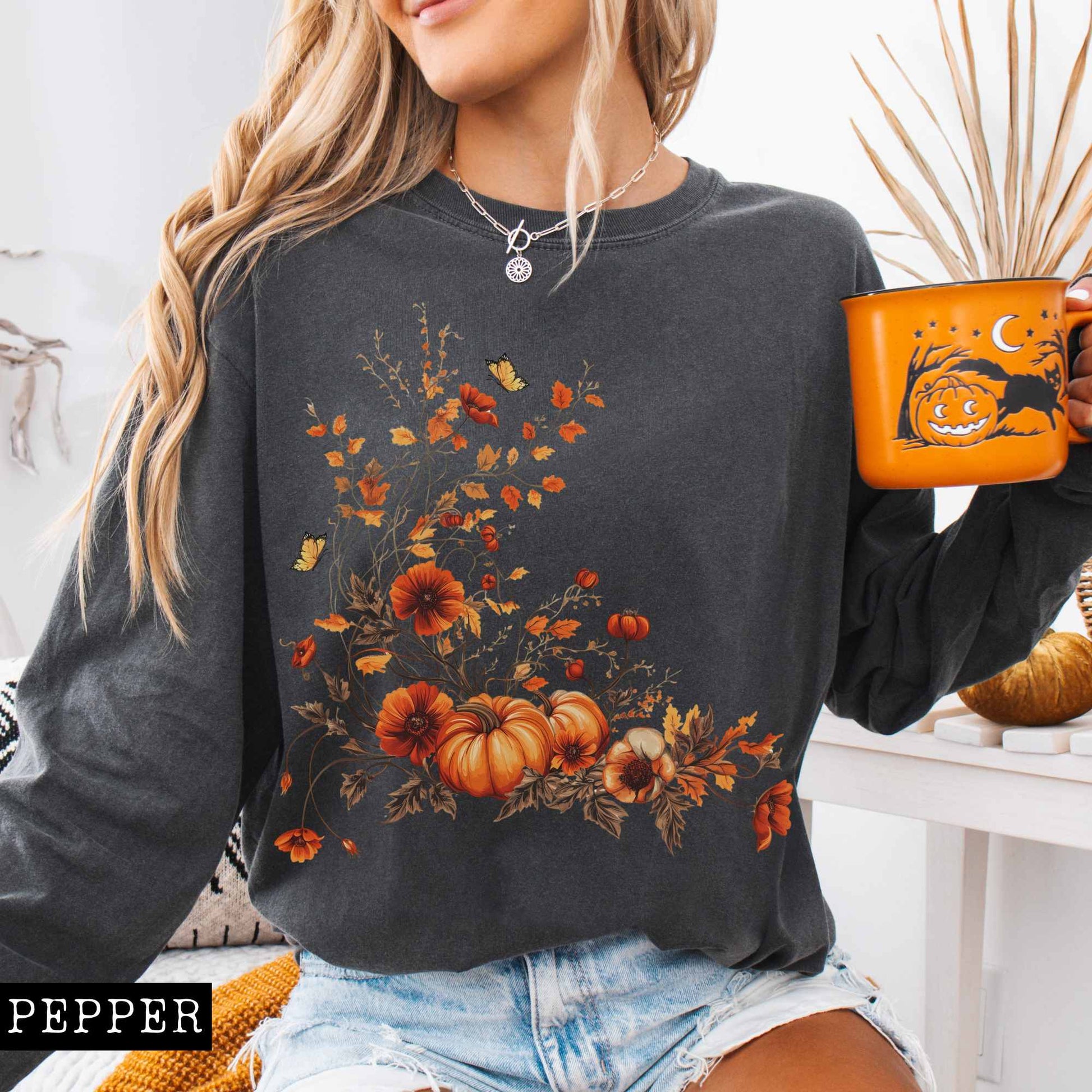 Long-sleeve Pepper / S Vintage fall floral pumpkin long sleeve tee The Mystic Eden