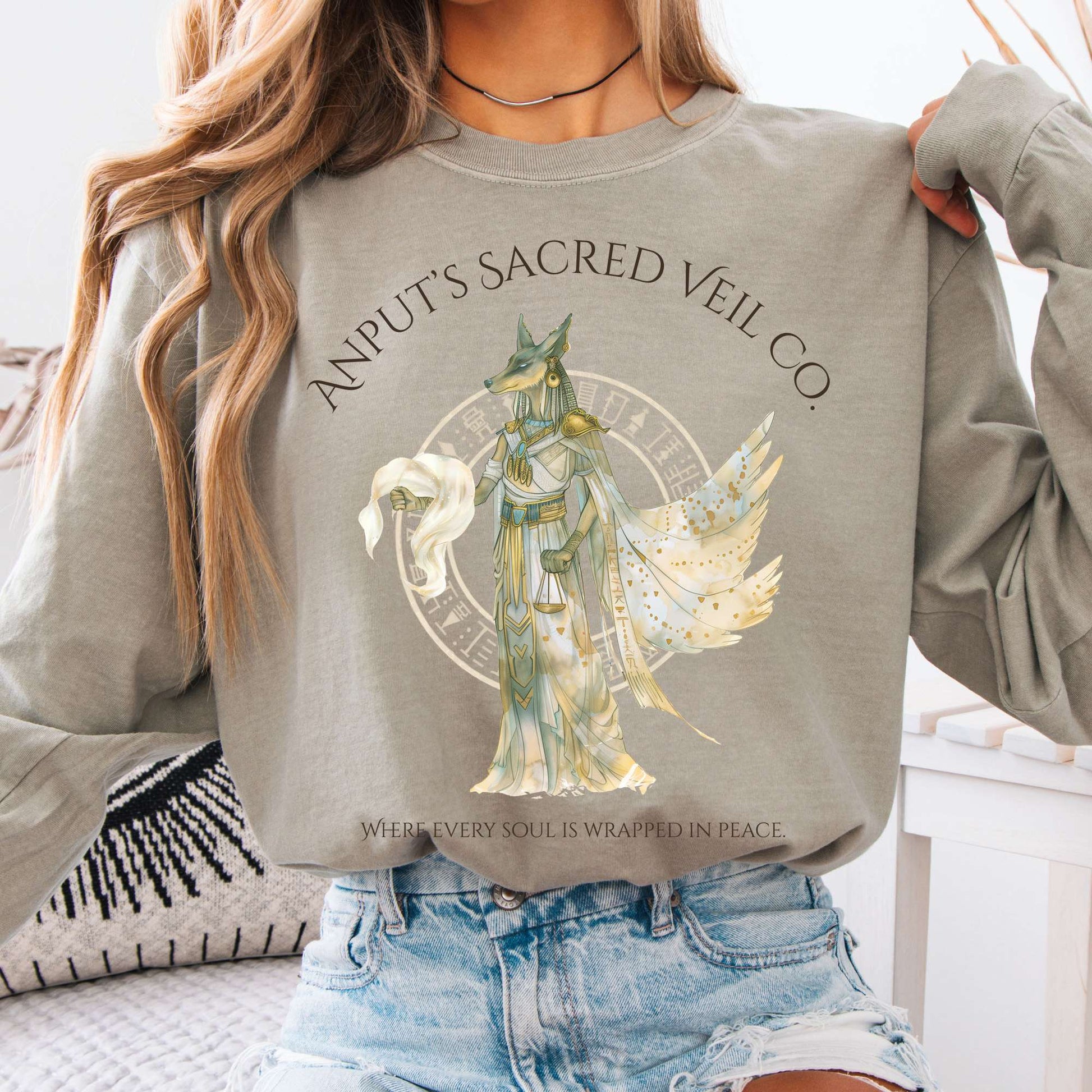 Long-sleeve Sandstone / S Anputs Sacred Veil Co Egyptian Mythology Long Sleeve Tee The Mystic Eden