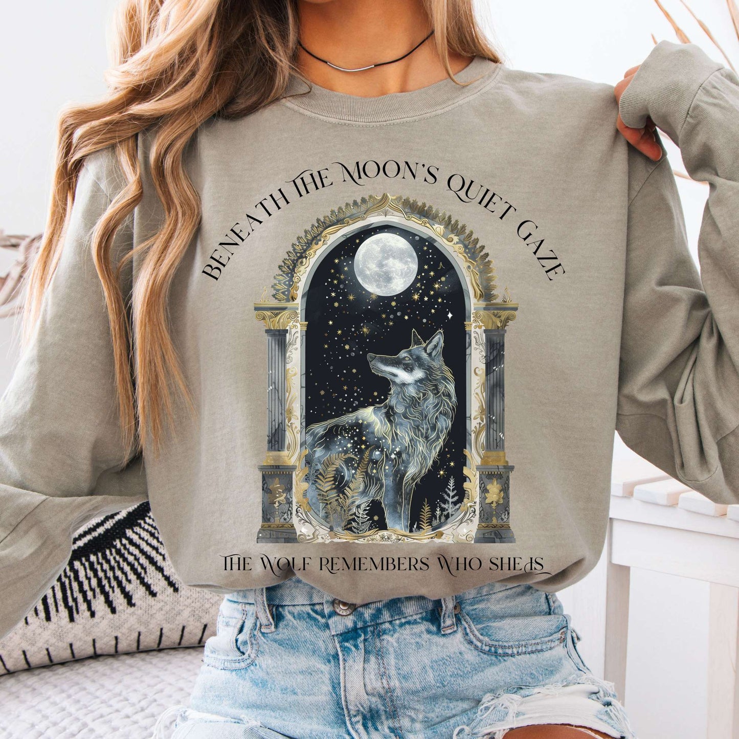 Long-sleeve Sandstone / S Beneath The Moon The Wolf Remembers Who She Is Long Sleeve Tee The Mystic Eden