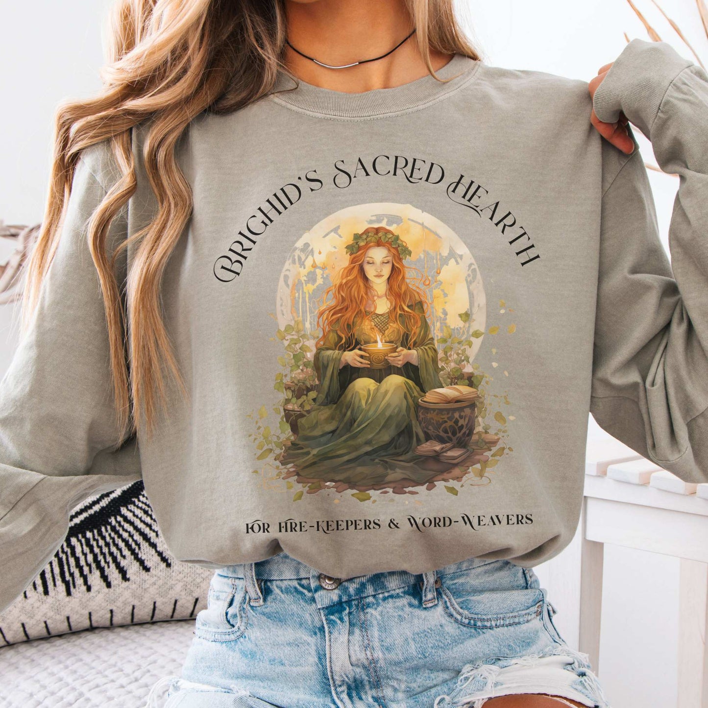 Long-sleeve Sandstone / S Brighid's Sacred Hearth Goddess Long Sleeve T-Shirt The Mystic Eden