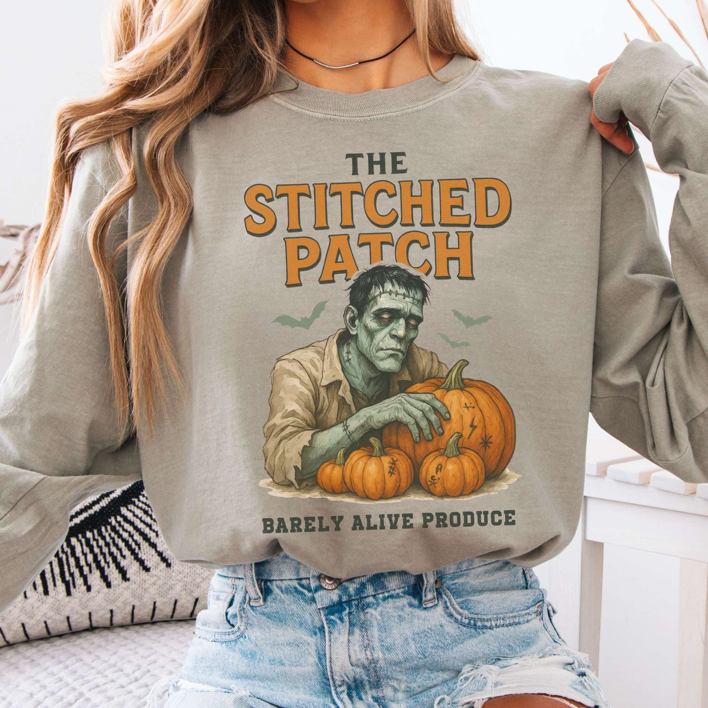 Long-sleeve Sandstone / S Frankenstein's The Stitched Patch: Barely Alive Produce Long Sleeve Shirt The Mystic Eden