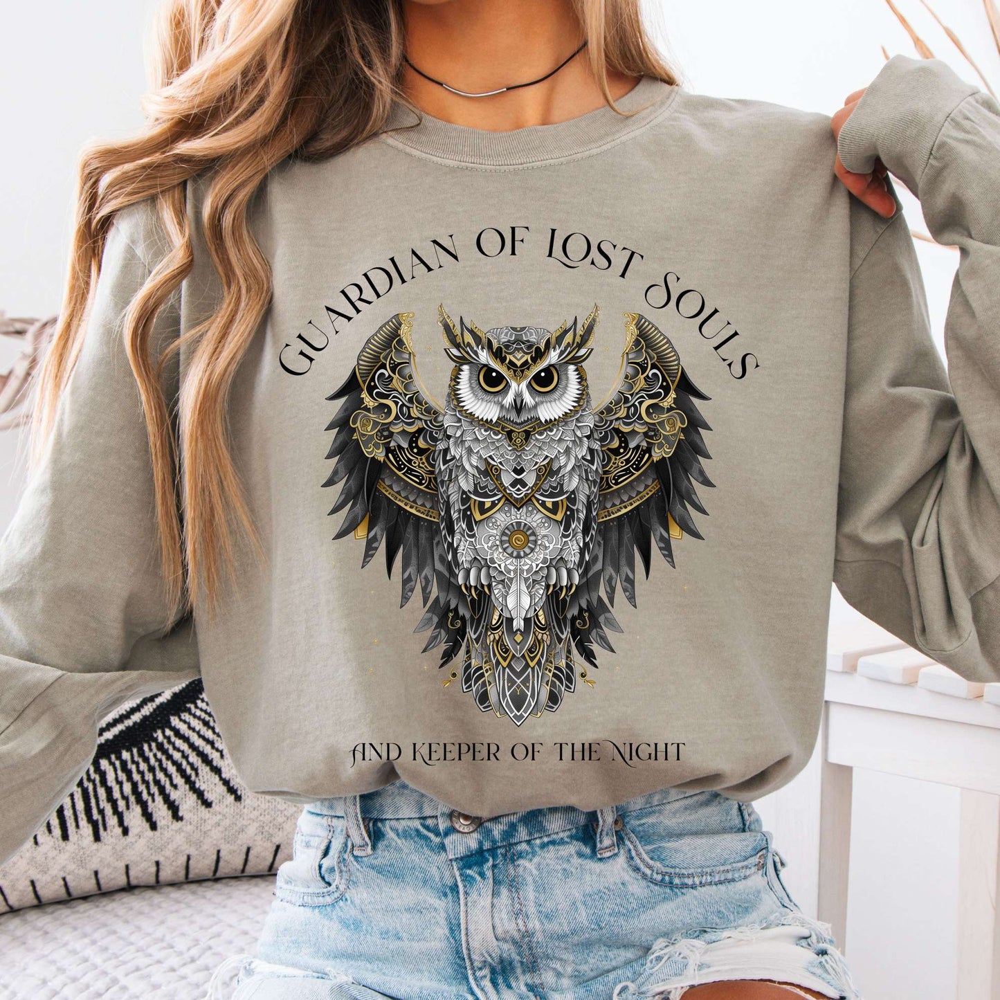 Long-sleeve Sandstone / S Guardian of Lost Souls Mythic Owl Long Sleeve Tee The Mystic Eden