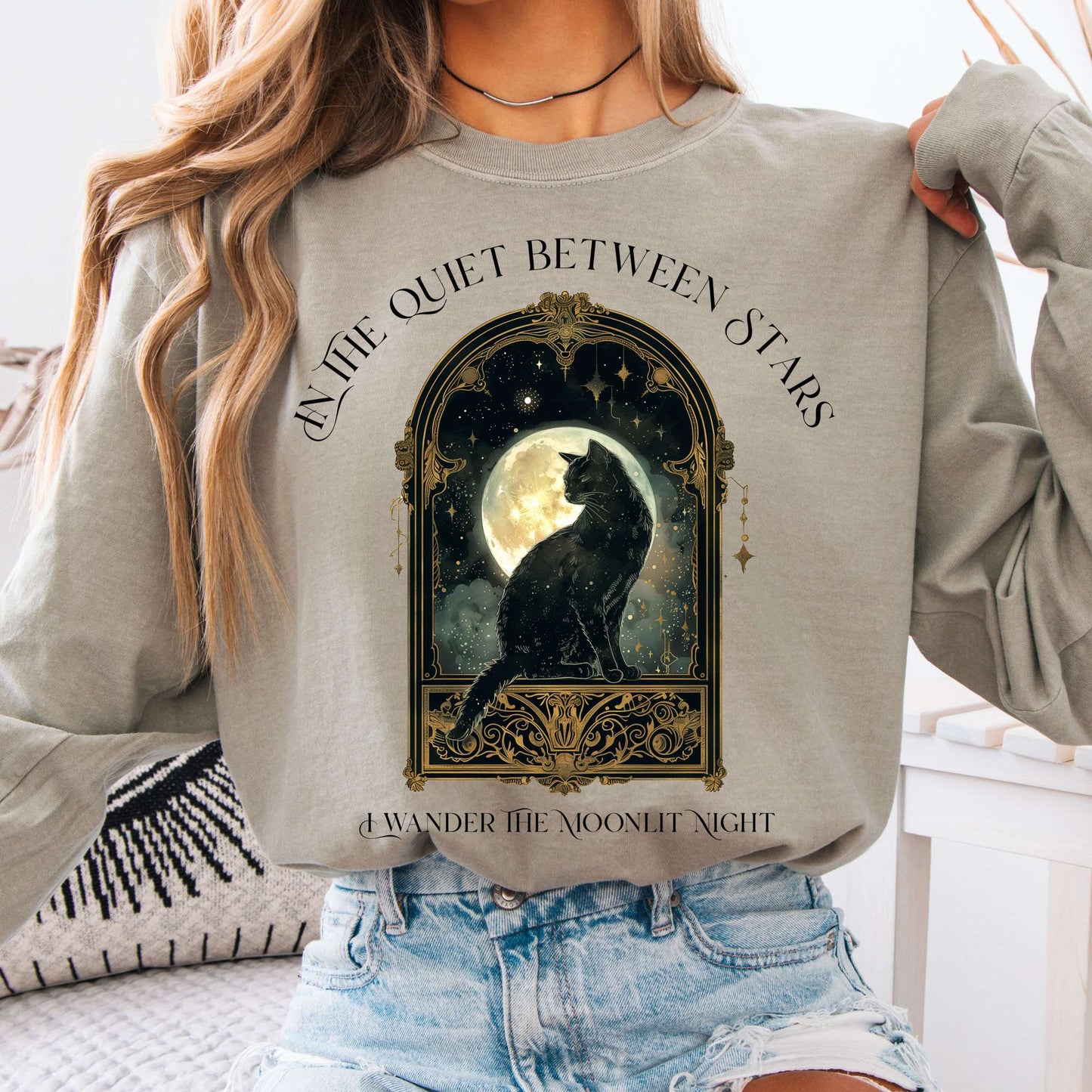 Long-sleeve Sandstone / S In the Quiet Between Stars Moonlit Cat Long Sleeve Tee The Mystic Eden