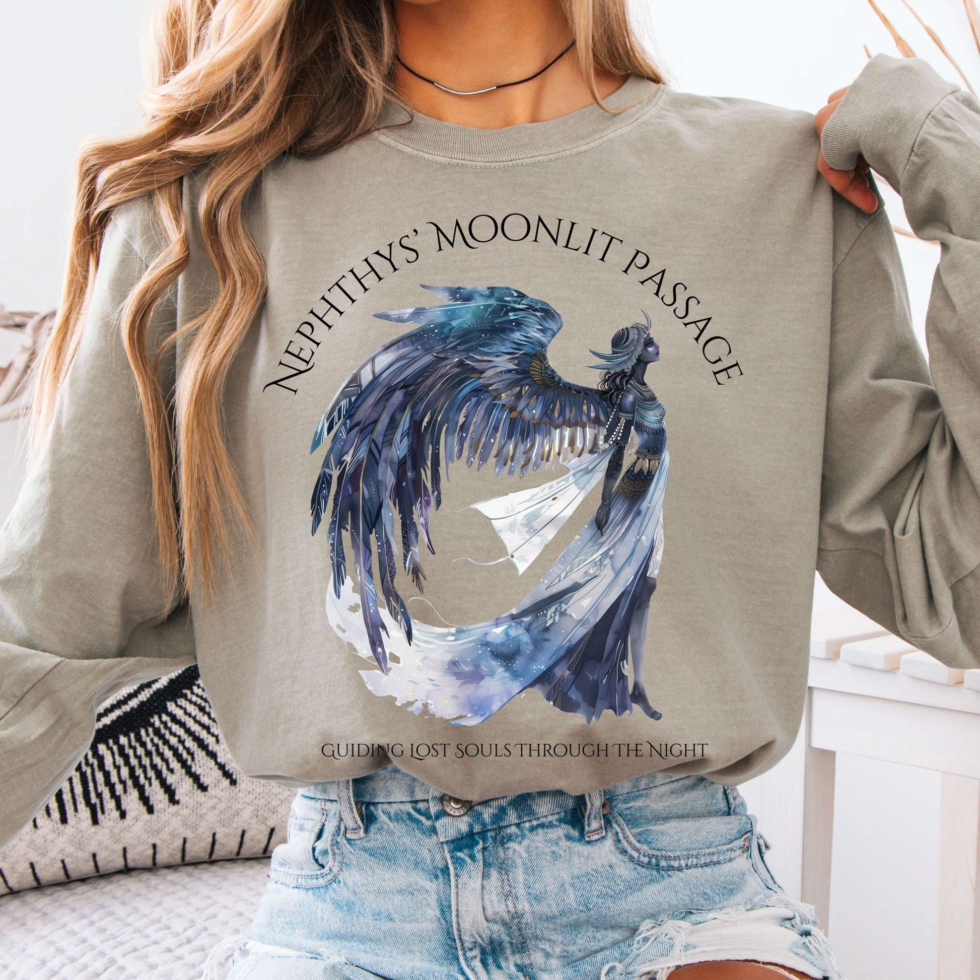 Long-sleeve Sandstone / S Nephthys' Moonlit Passage Egyptian Mythology Long Sleeve Tee The Mystic Eden