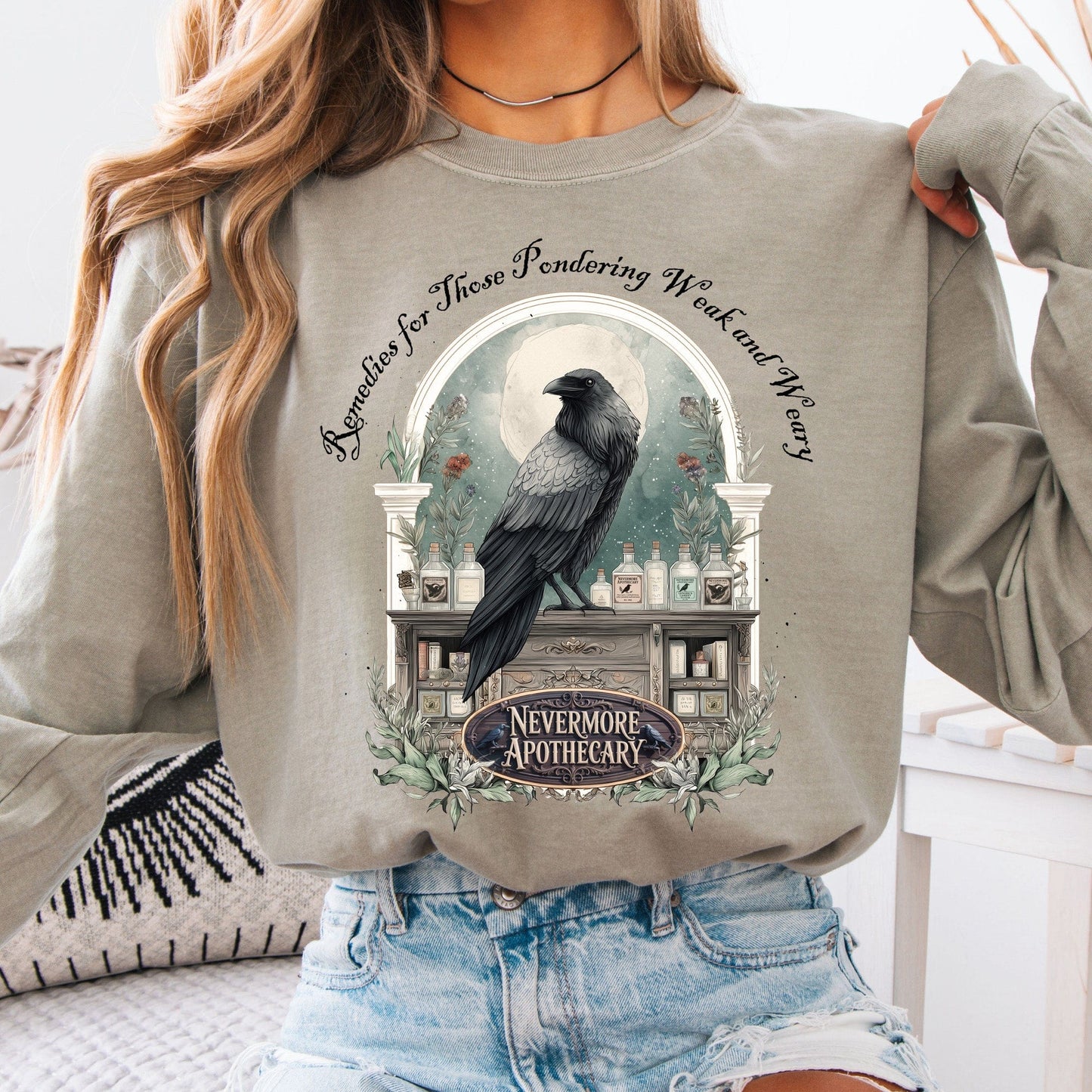 Long-sleeve Sandstone / S Nevermore Apothecary Edgar Allan Poe Long Sleeve Tee The Mystic Eden