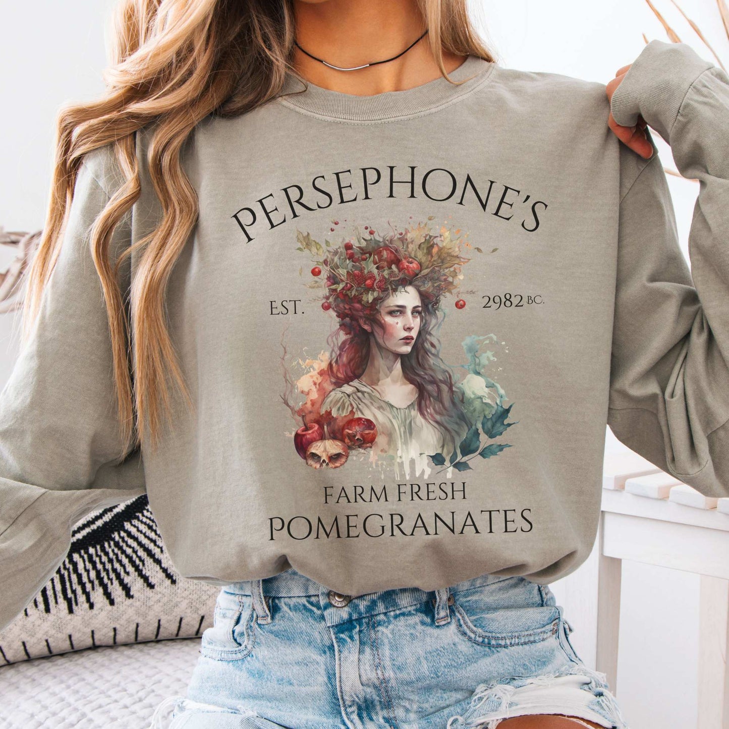 Long-sleeve Sandstone / S Persephone's Farm Fresh Pomegranates Long Sleeve T-Shirt The Mystic Eden