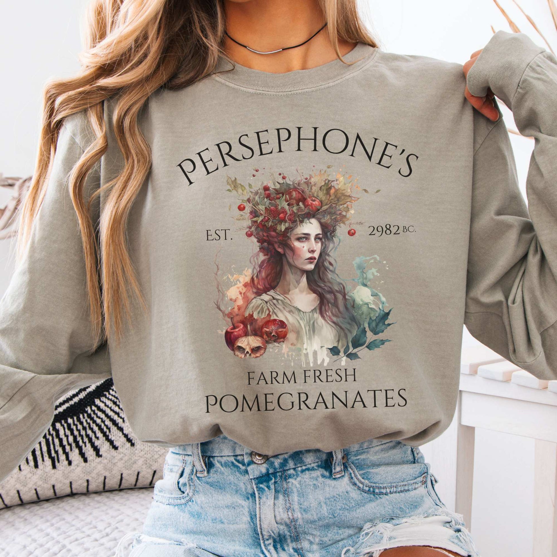 Long-sleeve Sandstone / S Persephone's Farm Fresh Pomegranates Long Sleeve T-Shirt The Mystic Eden