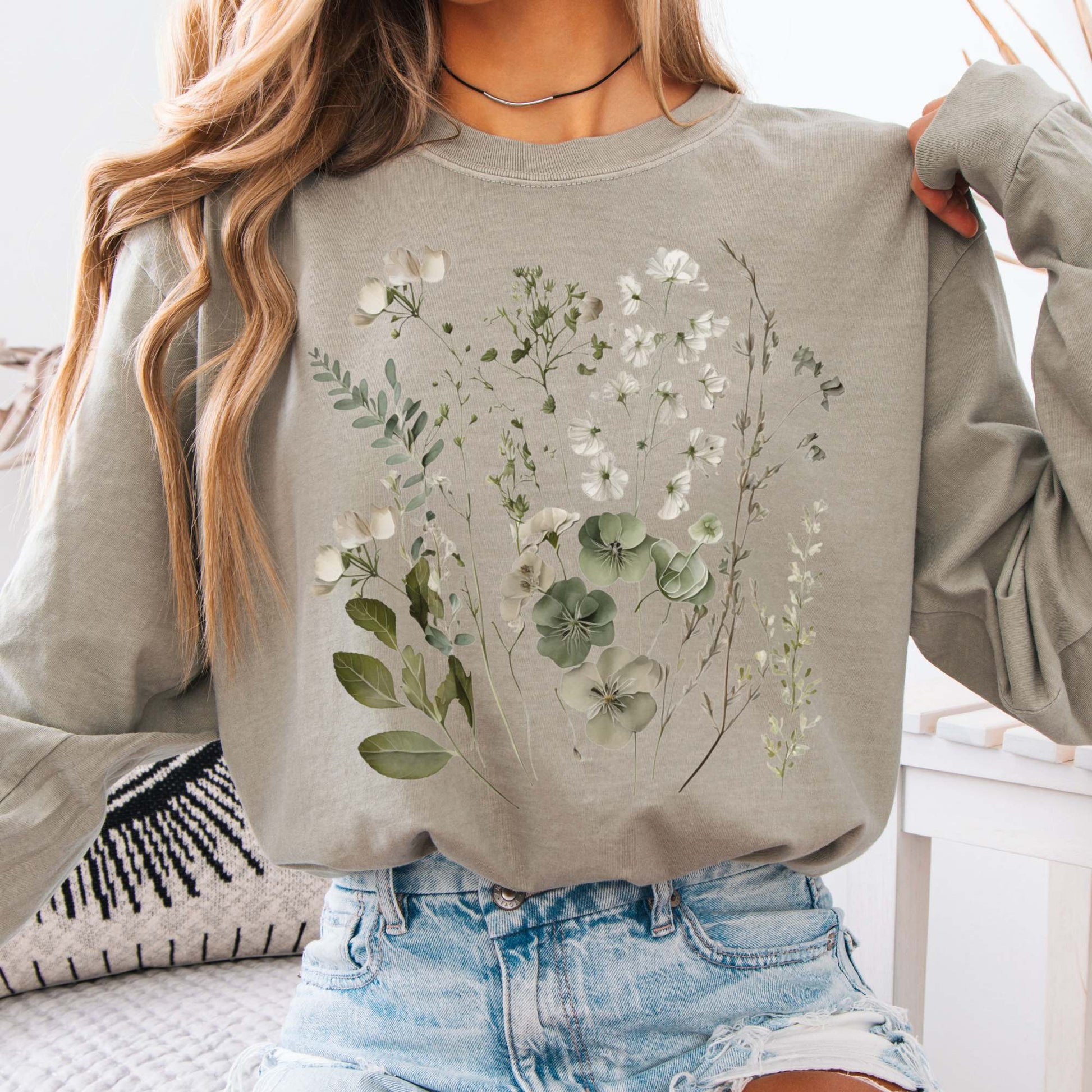 Long-sleeve Sandstone / S Sage and White Wildflower Long Sleeve T-Shirt The Mystic Eden