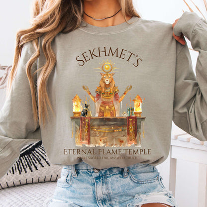 Long-sleeve Sandstone / S Sekhmet's Eternal Flame Temple Egyptian Mythology Long Sleeve Tee The Mystic Eden