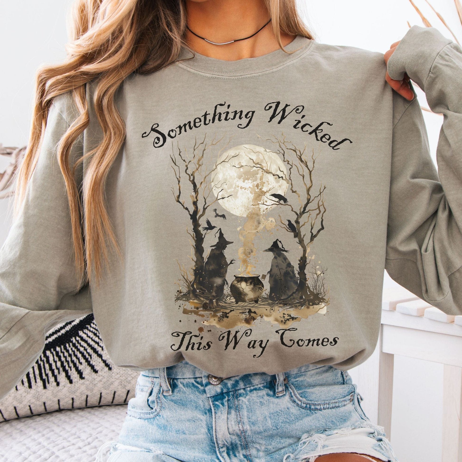 Long-sleeve Sandstone / S Something Wicked This Way Comes Shakespeare Macbeth Witches Long Sleeve Shirt The Mystic Eden