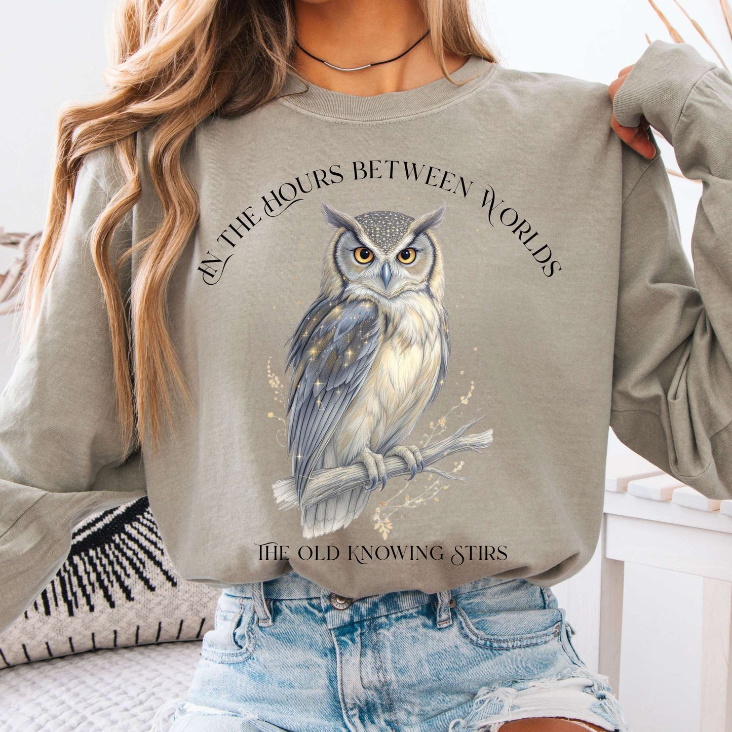 Long-sleeve Sandstone / S The Old Knowing Stirs Mystical Owl Long Sleeve Tee The Mystic Eden
