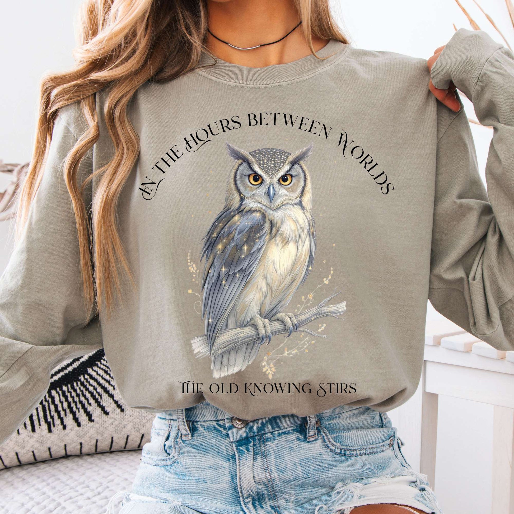 Long-sleeve Sandstone / S The Old Knowing Stirs Mystical Owl Long Sleeve Tee The Mystic Eden