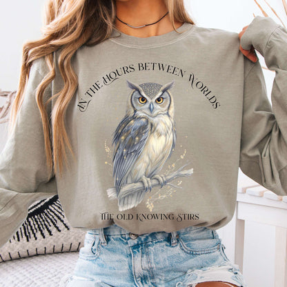 Long-sleeve Sandstone / S The Old Knowing Stirs Mystical Owl Long Sleeve Tee The Mystic Eden