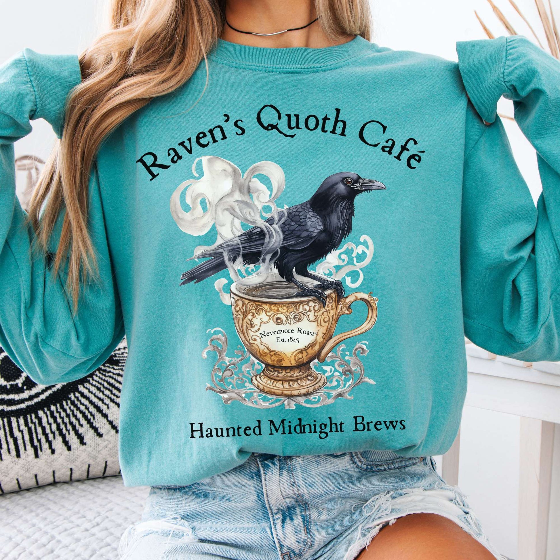 Long-sleeve Seafoam / S Raven's Quoth Cafe Long Sleeved Shirt The Mystic Eden
