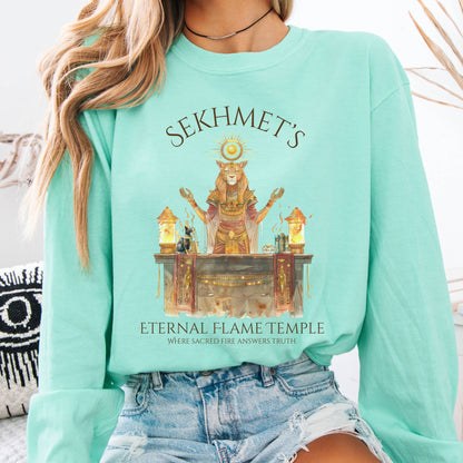 Long-sleeve Sekhmet's Eternal Flame Temple Egyptian Mythology Long Sleeve Tee The Mystic Eden
