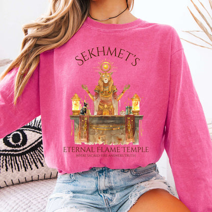 Long-sleeve Sekhmet's Eternal Flame Temple Egyptian Mythology Long Sleeve Tee The Mystic Eden
