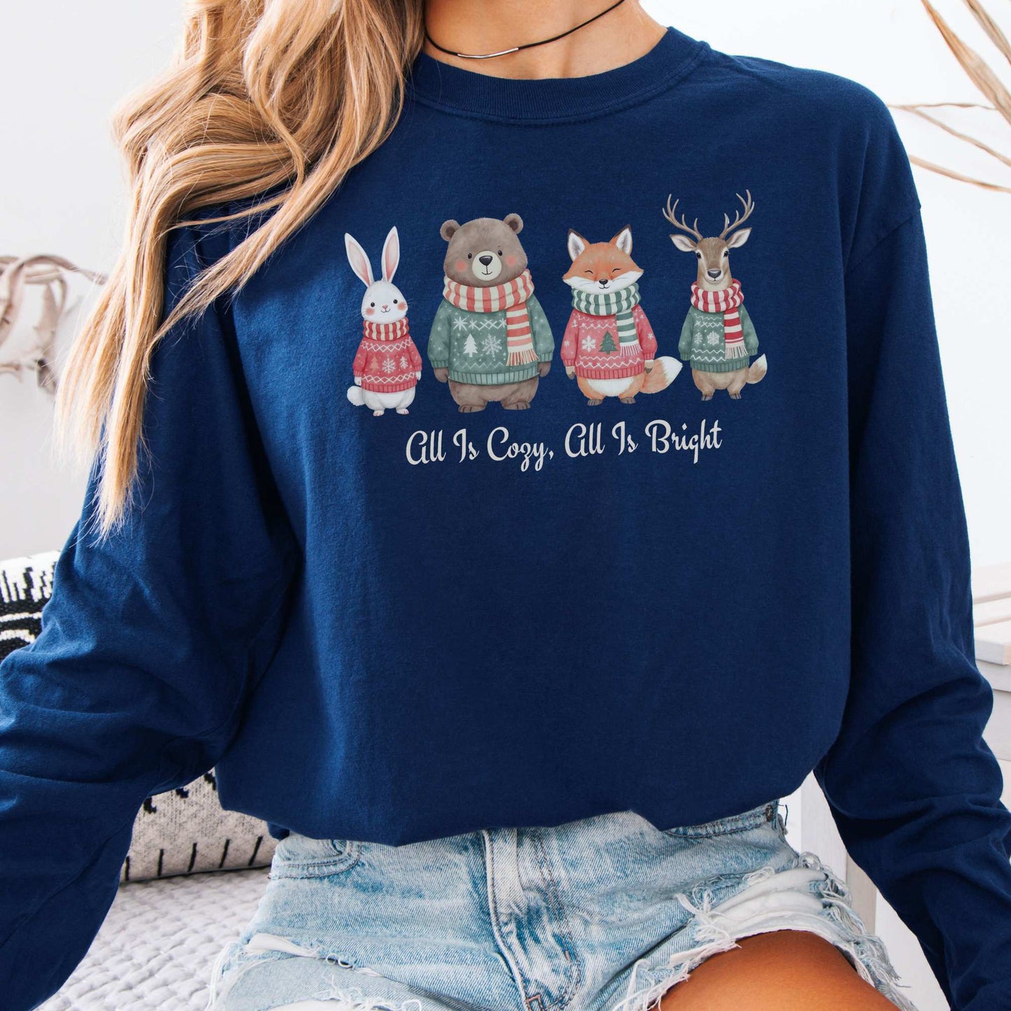 Long-sleeve True Navy / S All Is Cozy, All is Bright Woodland Christmas Long Sleeve Shirt The Mystic Eden