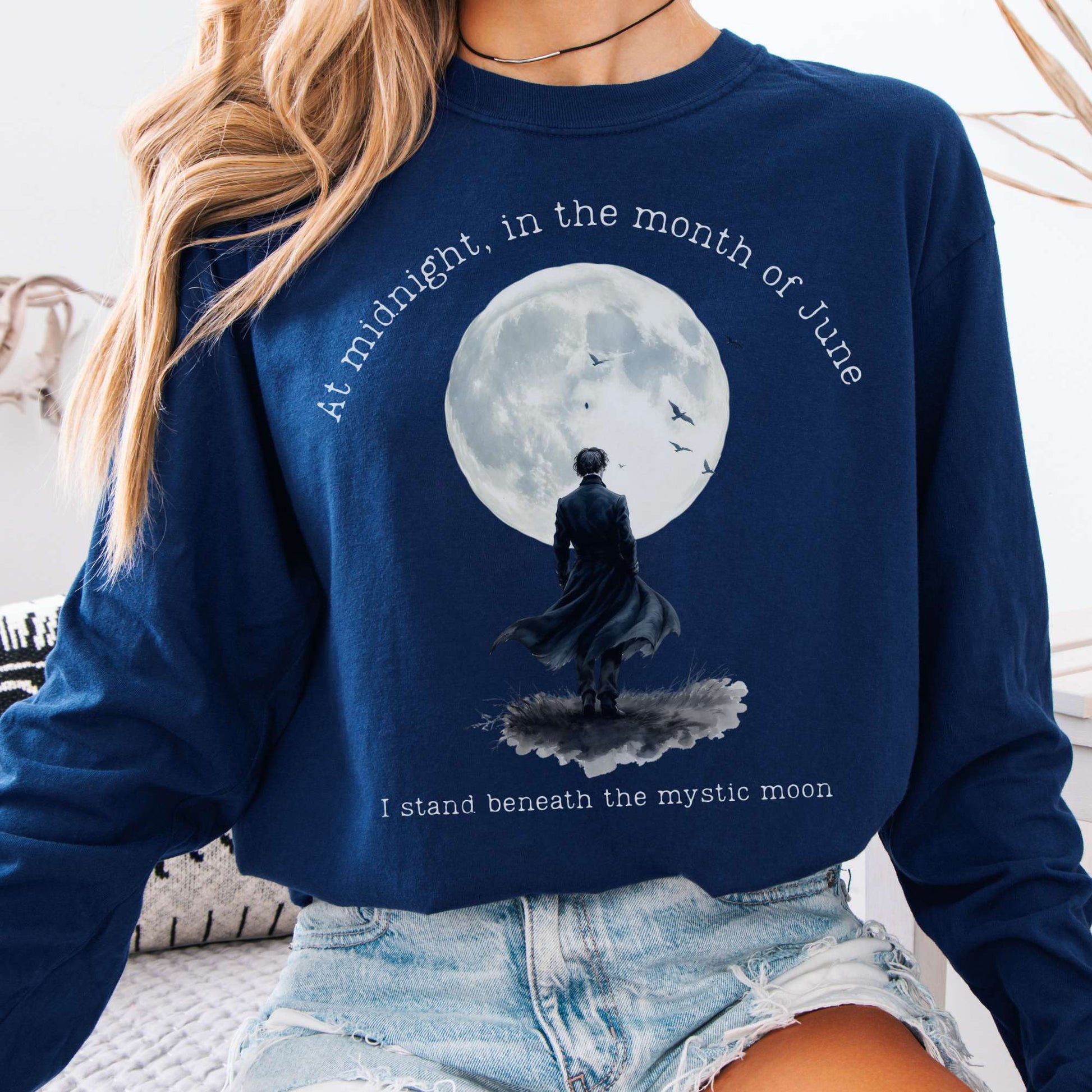 Long-sleeve True Navy / S Beneath the Mystic Moon Edgar Allan Poe Long Sleeve Tee The Mystic Eden
