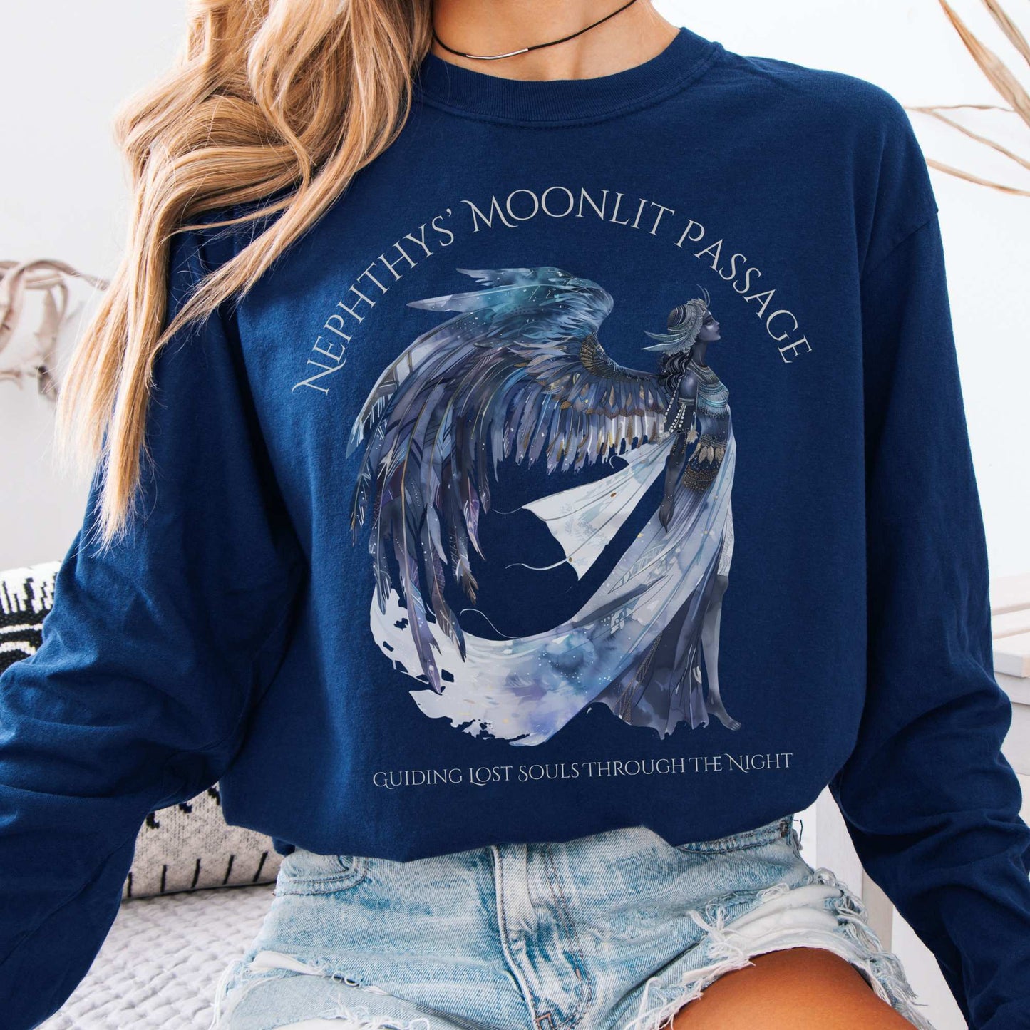 Long-sleeve True Navy / S Nephthys' Moonlit Passage Egyptian Mythology Long Sleeve Tee The Mystic Eden