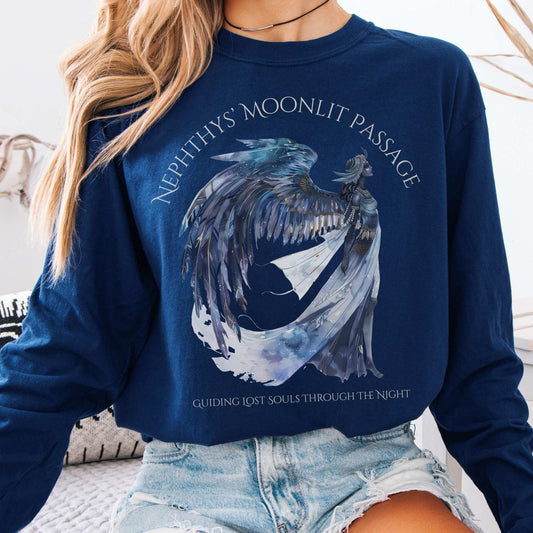 Long-sleeve True Navy / S Nephthys' Moonlit Passage Egyptian Mythology Long Sleeve Tee The Mystic Eden