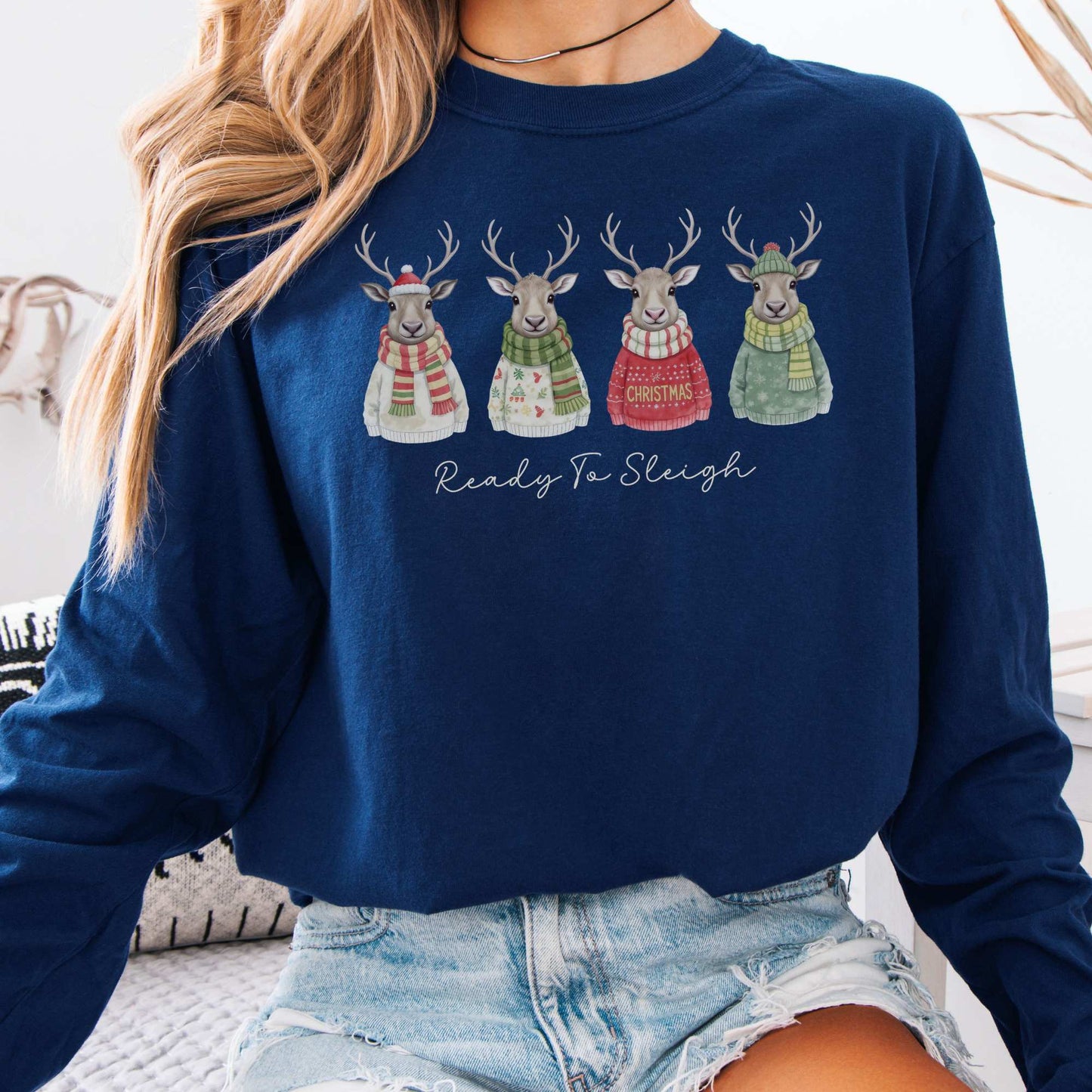 Long-sleeve True Navy / S Ready to Sleigh — Festive Reindeer Christmas Long Sleeve Shirt The Mystic Eden