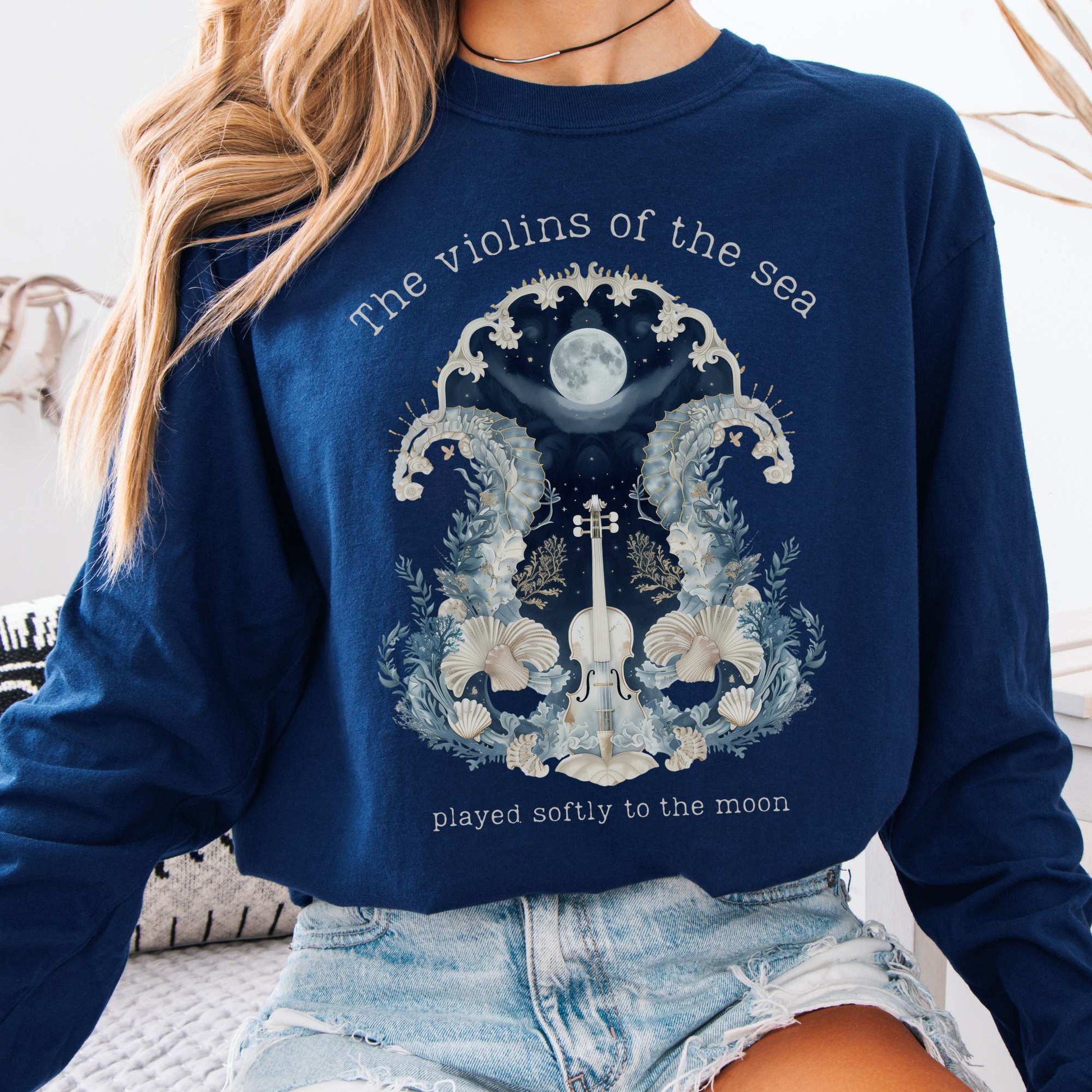 Long-sleeve True Navy / S The Violins of the Sea Played Softly to the Moon Poetry Long Sleeve Tee The Mystic Eden
