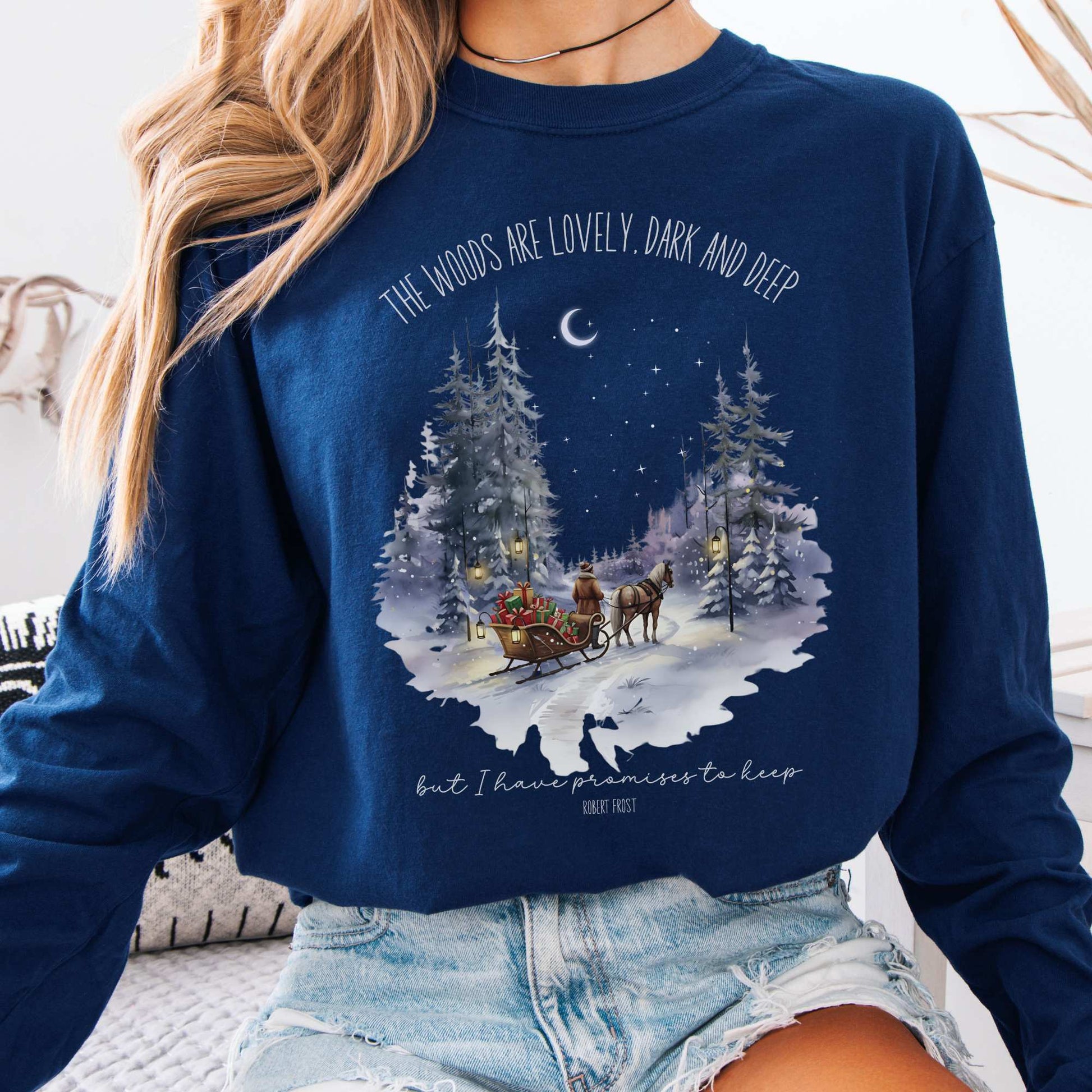 Long-sleeve True Navy / S The Woods Are Lovely Robert Frost Christmas Edition Long Sleeve Shirt The Mystic Eden