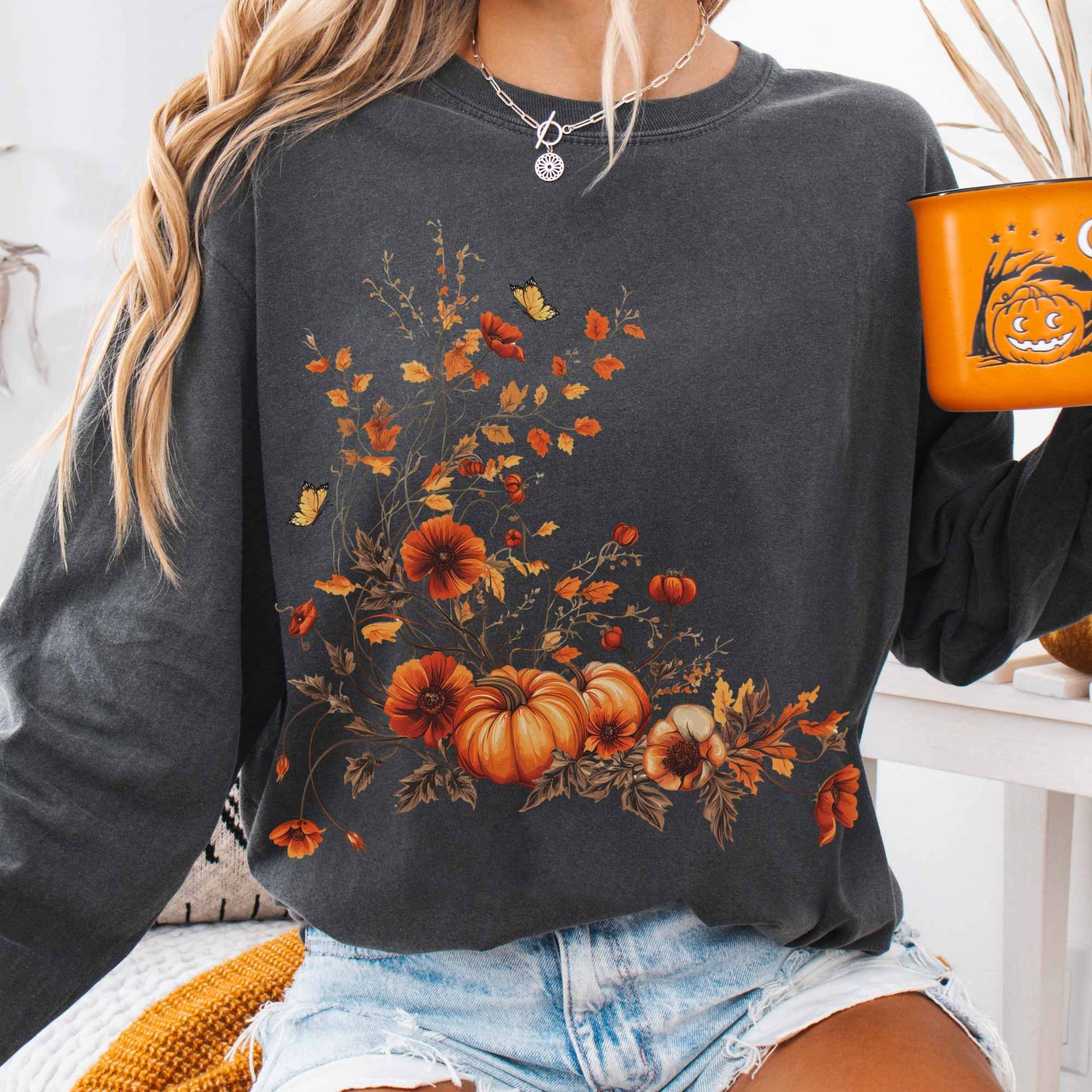 Long-sleeve Vintage fall floral pumpkin long sleeve tee The Mystic Eden