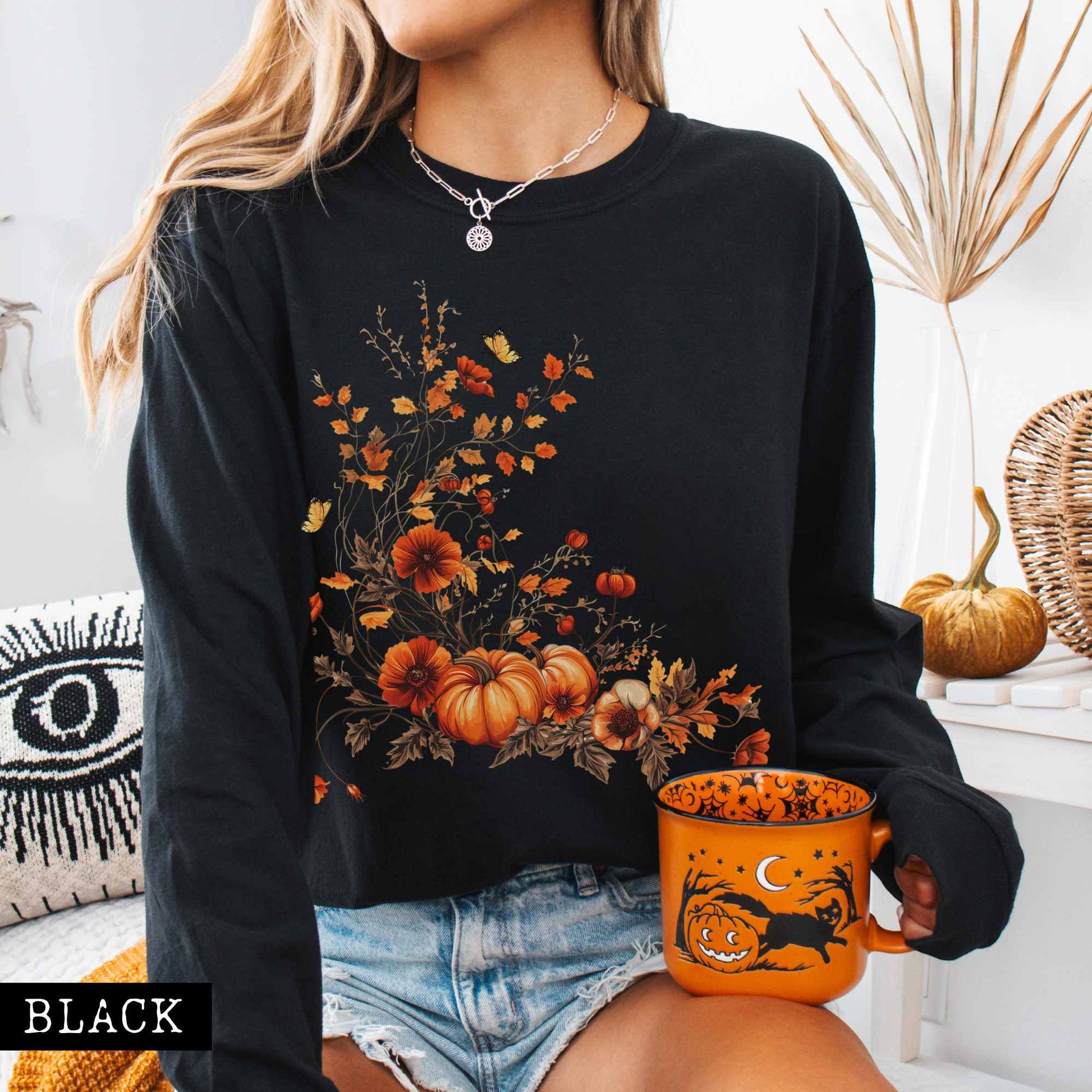 Long-sleeve Vintage fall floral pumpkin long sleeve tee The Mystic Eden