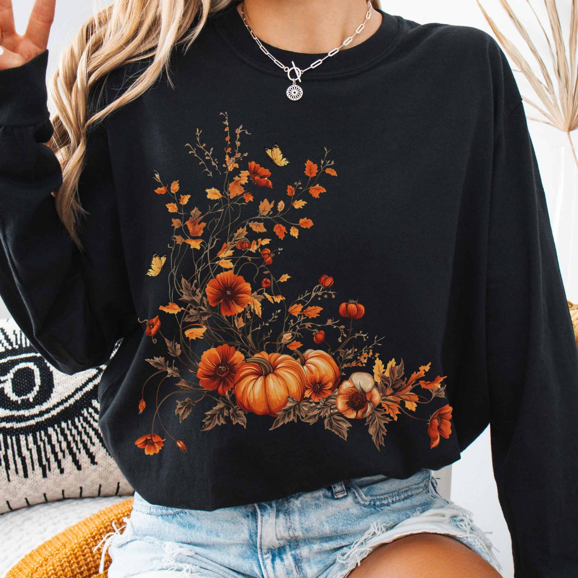 Long-sleeve Vintage fall floral pumpkin long sleeve tee The Mystic Eden
