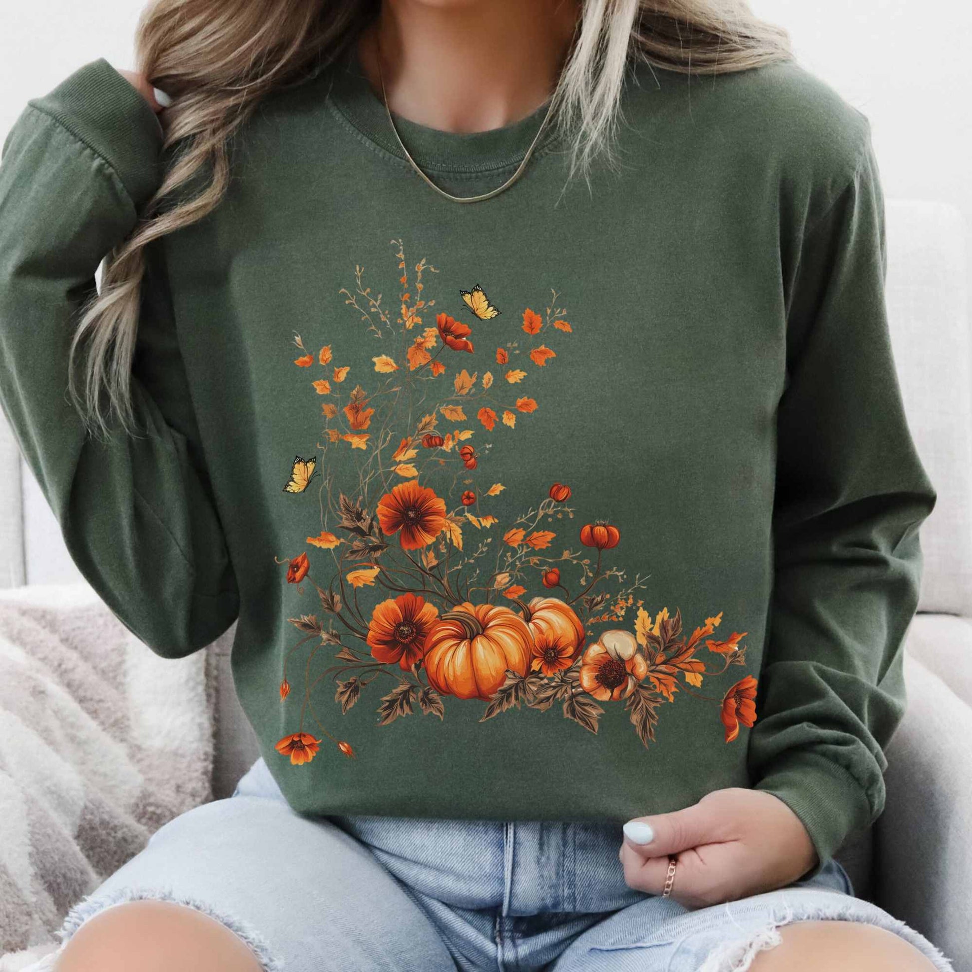 Long-sleeve Vintage fall floral pumpkin long sleeve tee The Mystic Eden