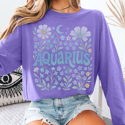 Long-sleeve Violet / S Aquarius Long Sleeve Shirt – Zodiac Retro Floral Tee The Mystic Eden