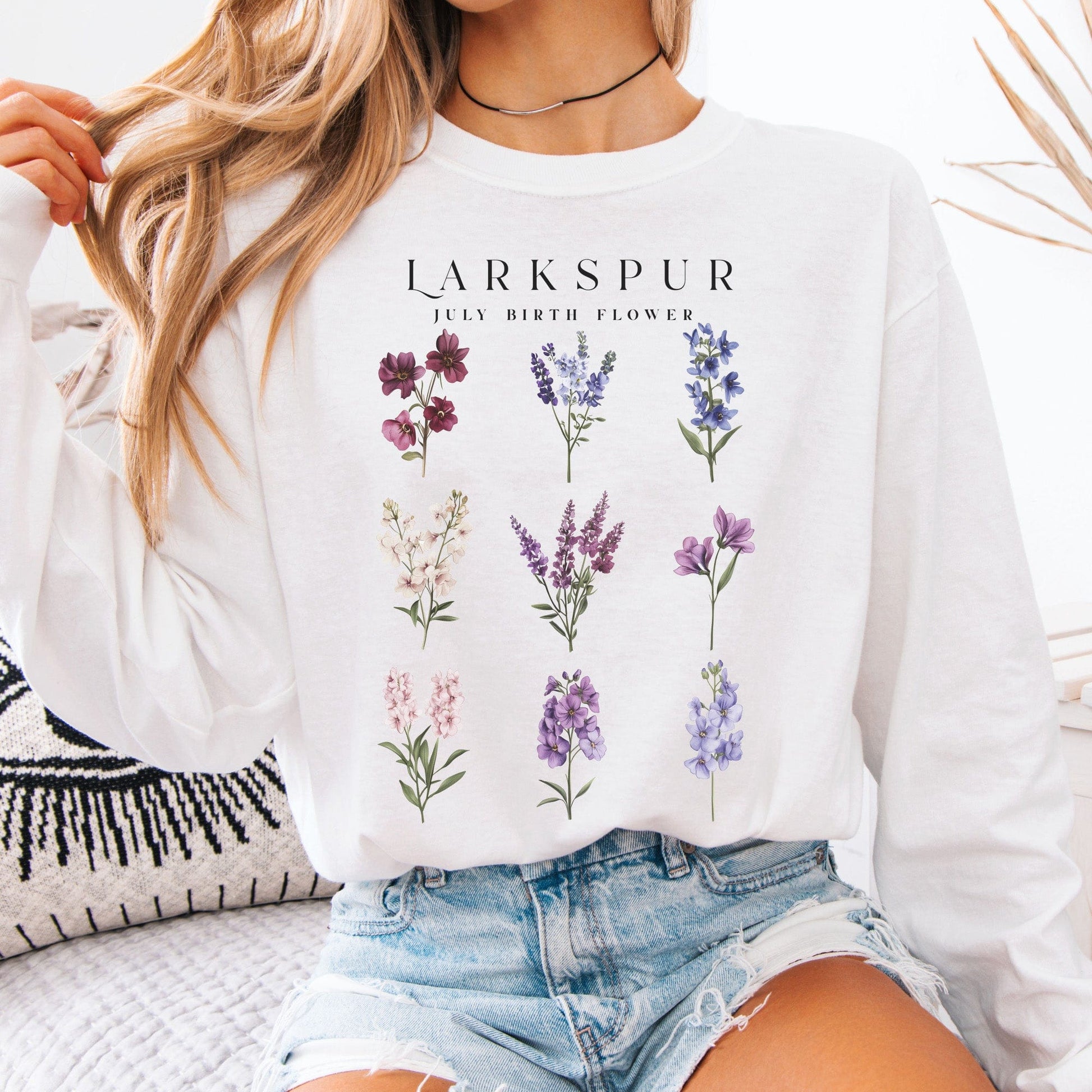 Long-sleeve White / S Larkspur July Birth Month Flower Long Sleeve Shirt The Mystic Eden