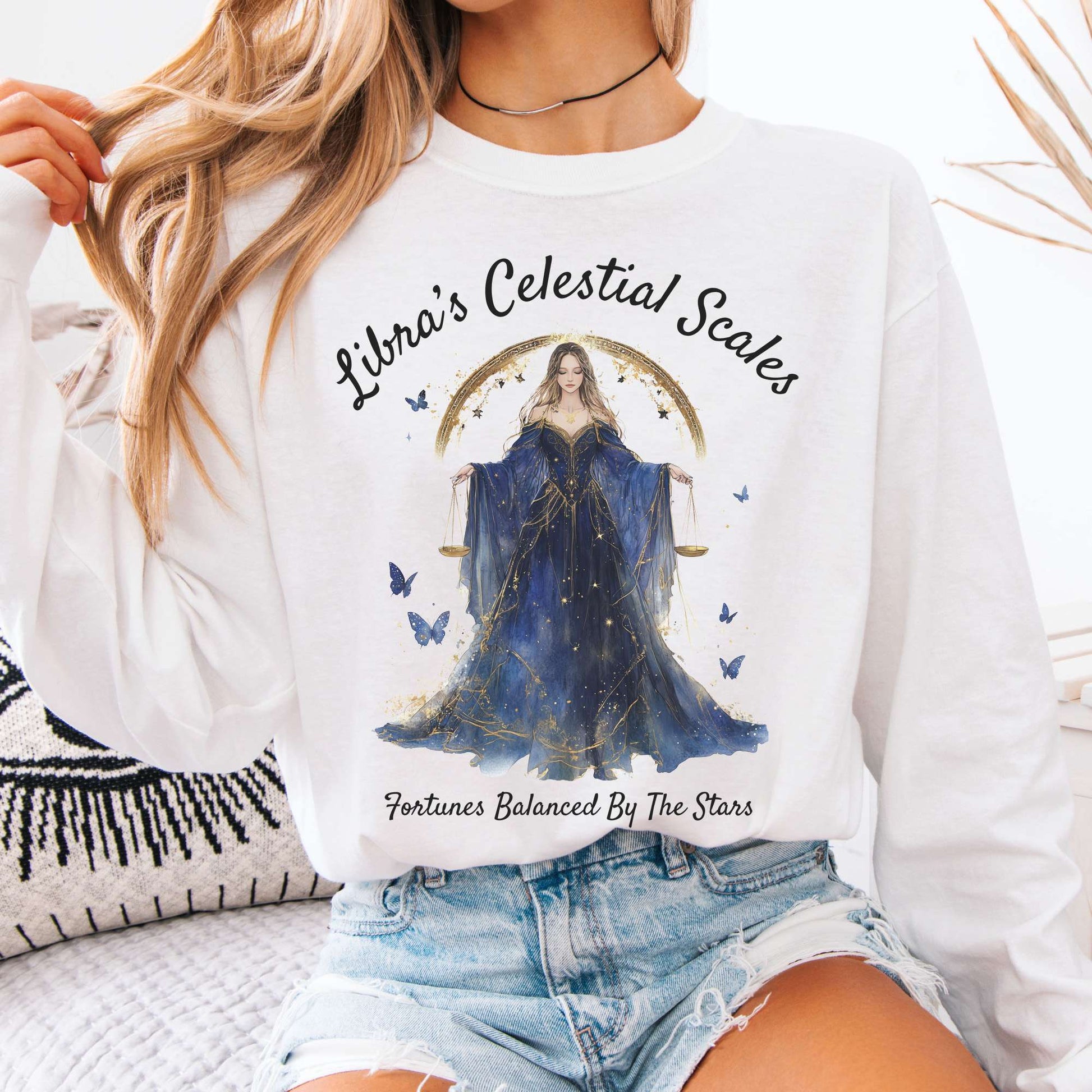 Long-sleeve White / S Libra's Celestial Scales Zodiac Long Sleeve Shirt The Mystic Eden