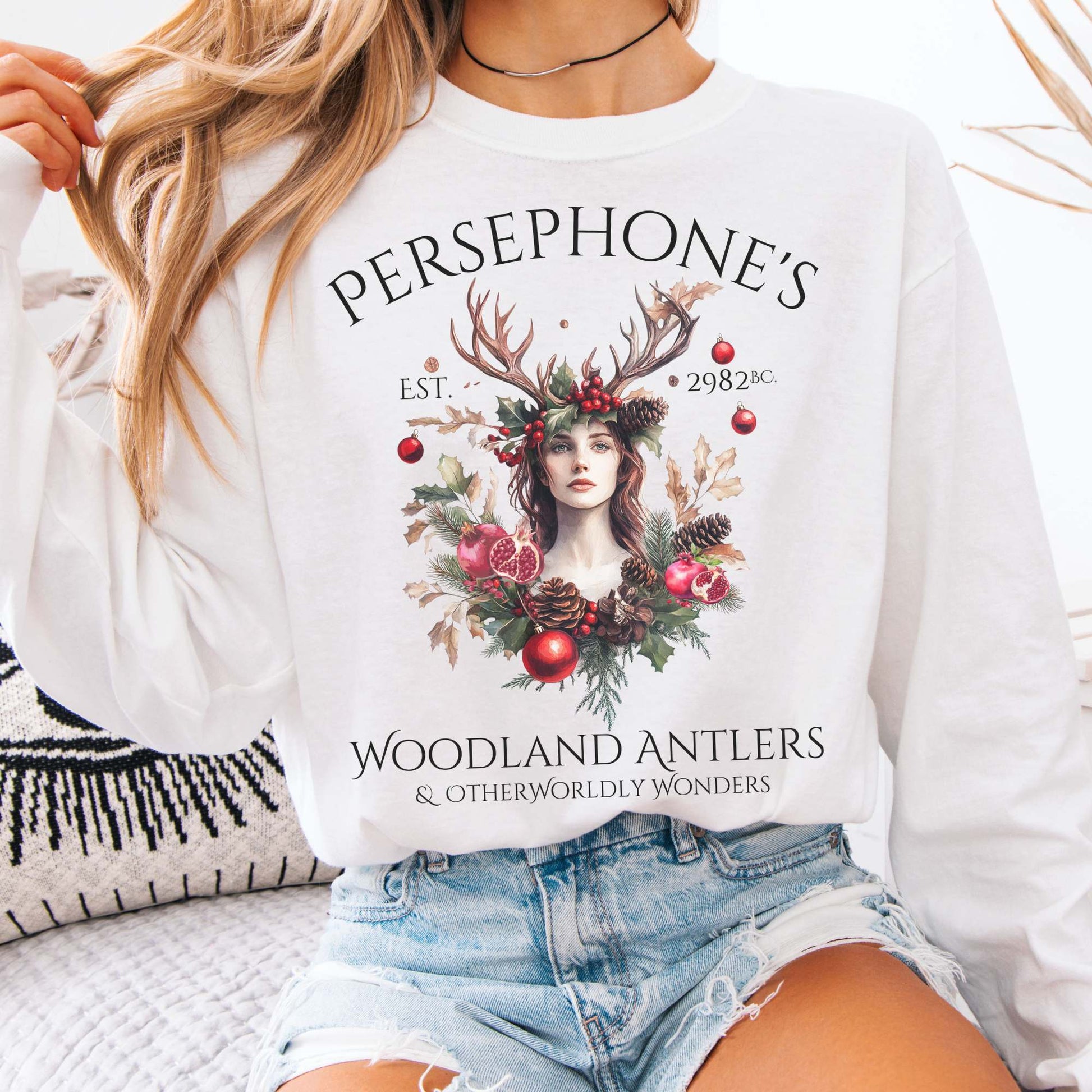 Long-sleeve White / S Persephone's Woodland Antlers Christmas Long Sleeve Tee The Mystic Eden