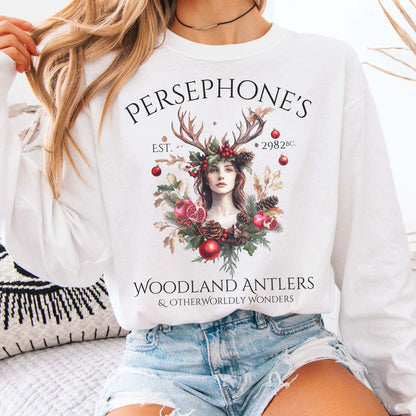 Long-sleeve White / S Persephone's Woodland Antlers Christmas Long Sleeve Tee The Mystic Eden