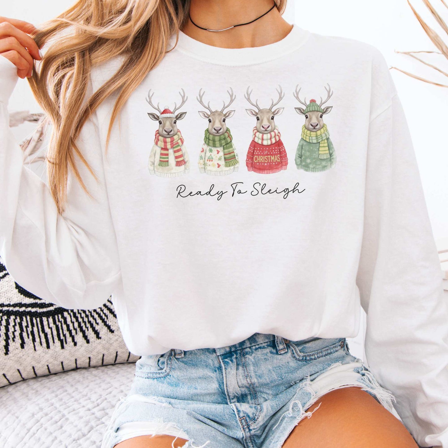Long-sleeve White / S Ready to Sleigh — Festive Reindeer Christmas Long Sleeve Shirt The Mystic Eden