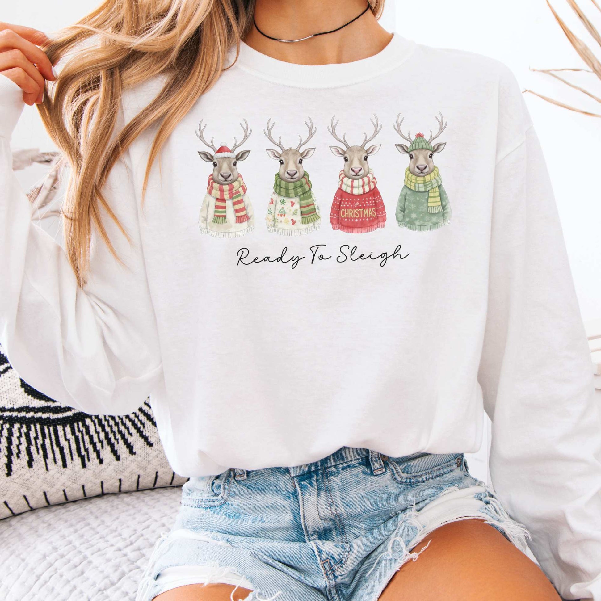 Long-sleeve White / S Ready to Sleigh — Festive Reindeer Christmas Long Sleeve Shirt The Mystic Eden